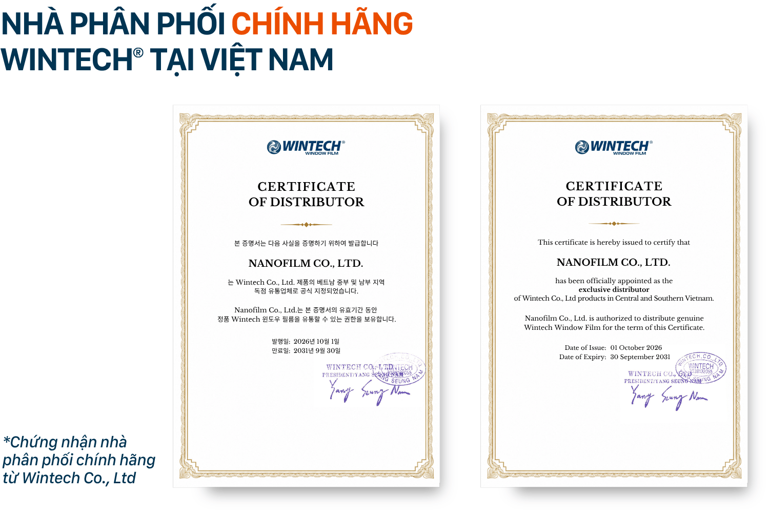 Chứng nhận nhà phân phối chính hãng phim cách nhiệt Wintech tại Việt Nam